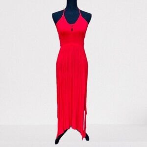 GB Maxi Sun Dress Large Red Smocked Top Cut-Outs Long Side Slits Beachy